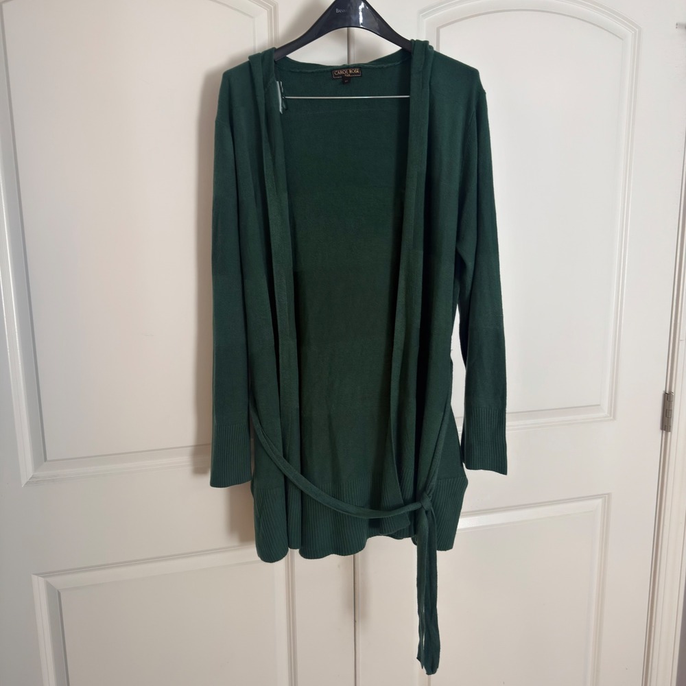 Carol Rose Plus Forest Green Hooded Belted Open Front Cardigan Sweater 1X